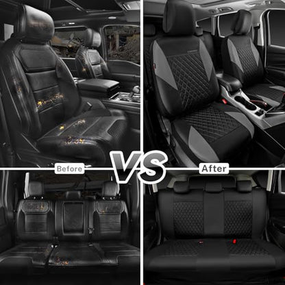 CAR PASS Quilting Leather Seat Covers Full Set,Universal Waterproof Deluxe PU Premium Car Seat Cover with 5mm Composite Sponge Inside,Airbag Compatible,Front and Rear Seat Cover for Sedan SUV Van,Gray - color: Black And Gray, size: Full Set (Front and Rea