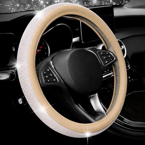 Bling Rhinestone Car Steering Wheel Cover for Women,PU Leather Crystal Diamonds Crown Steering Wheel Covers Non-Slip Universal 15"/38 cm (Beige) - color: beige