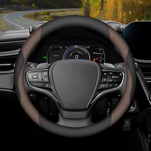 Steering Wheel Cover Universal Standard Size 14.5-15 inch, Non-Folding Packaging, Microfiber Leather, Anti-Slip, Soft Grip, Sporty Design, Fits for Cars SUVs Trucks, Black and Chocolate Brown - color: Black and Brown