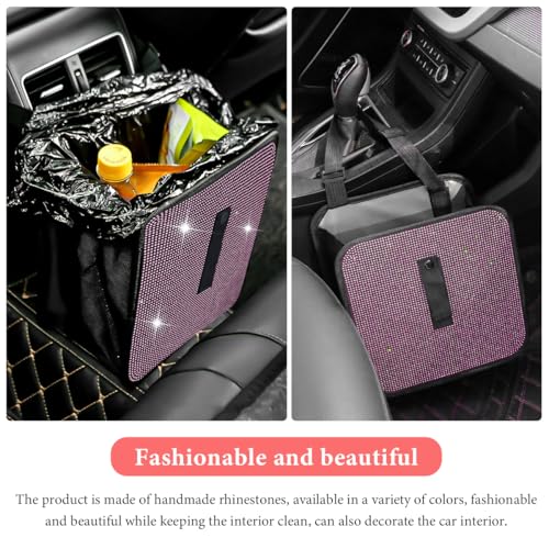 Car Foldable Trash Can, Bling Rhinestone Oxford Garbage Container Hanging Waterproof Organizer, Mini Crystal Dustbin Waste Basket Leakproof Trash Bin for Car Office Kitchen (Light Pink) - color: Light Pink