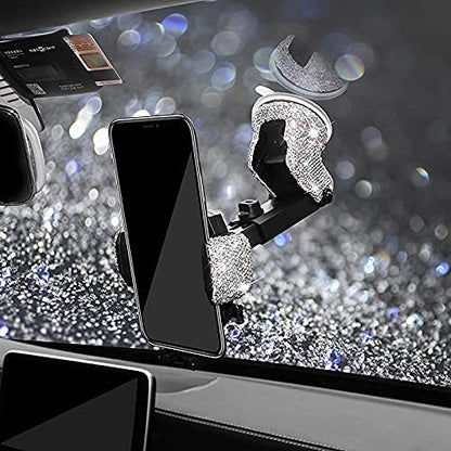 Bling Car Phone Mount Holder,Shiny Crystal Rhinestone Phone Stand for Women and Girls, Car Accessories for Windshield Dashboard,Compatible with Most Cellphones (White) - color: white