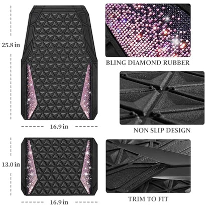 CAR PASS Bling Rubber Car Mats Diamond Floor Mats Full Set Anti-Slip 3D Rhombus Waterproof Universal Trim to Fit Liner Glitter Crystal Sparkly Shining Rhinestone Girl Women SUV Sedan Van, Black Pink - color: Pink Diamond