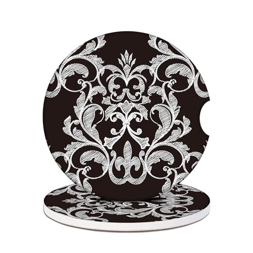 2 Pack Car Cup Holder Coasters - White Black Damask Flower Absorbent Ceramic Coaster, Car Coasters for Cup Holders, Car Interior Accessories for Women Men - color: Vintage Floral