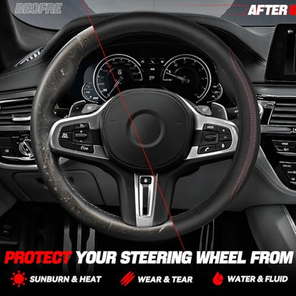 Auto Dynasty Car Steering Wheel Cover, Microfiber Leather Steering Wheel Covers Protector with Anti-Slip Inner Lining, Universal 14.5 to 15 Inch Car Interior Accessories, Black/Red Contrast Stitching - color: Stitched Red C