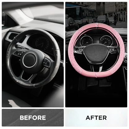 Road Comforts Leopard Steering Wheel Cover for Women, Cute Anti-Slip Microfiber Leather, Fits D Shape Flat Bottom Steering Wheel 14.5-15 Inch - Pink and Pink Leapoard - color: D Shape-All Pink