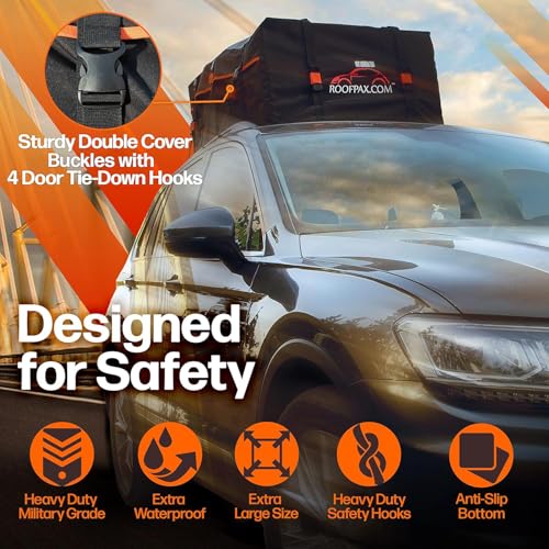 XXL 28 cuft Car Rooftop Cargo Carrier Bag Extra Waterproof Car Roof Storage with 10 Heavy Duty Tie Down Straps and 4 Hooks Roof Bag Cargo Carrier for Top of Vehicle with/Without Rack