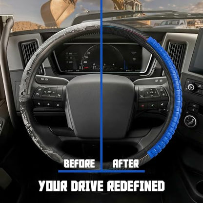 18" Semi Truck Steering Wheel Cover (FITS 17.5"-18" ONLY) | Heavy Duty Carbon Fiber & 3D Massage Grip for Long Hauls | Anti-Slip Odorless Rubber, Upgrade Your Big Rig