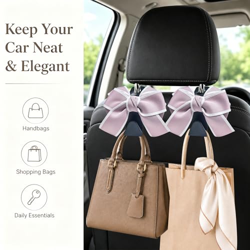 2 Pack Car Purse Hooks, Cute Bow Car Seat Headrest Hook Hanger for Purses and Bags (pink) - color: pink