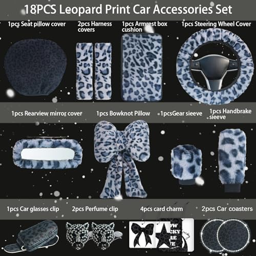 19 Pcs Fluffy Car Accessories Set,Fluffy Plush Leopard Print Steering Wheel Covers,Plush Head Pillow,Pillowcase,Eyeglasses Clip,Car Accessories for Women. (Black&Grey)