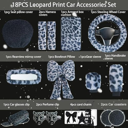 19 Pcs Fluffy Car Accessories Set,Fluffy Plush Leopard Print Steering Wheel Covers,Plush Head Pillow,Pillowcase,Eyeglasses Clip,Car Accessories for Women. (Black&Grey)