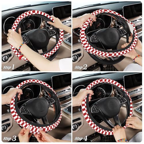 Checkered Steering Wheel Cover,Red White Checkered Universal 15" Elastic Car Steering Wheel Cover with 2 PCS Car Coasters,Anti-Slip Breathable Accessories for Auto,SUVs,Truck - color: Checkered