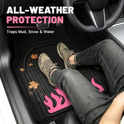 Heavy Duty Rubber Car Mats Flame Design (Rose Pink), 4-Piece Deep Waterproof Floor Mats Set (Front & Rear Full Set), All Weather Universal Trim to Fit Automotive SUV Sedan Truck - color: Rose Pink, size: Flame