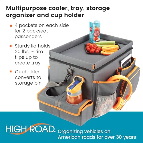 High Road CarHop Front Seat Car Organizer with Car Cup Holder, Passenger Seat Tray and Padded Filing or Cooler Compartment with Side Pocket Storage, Gray - color: Gray