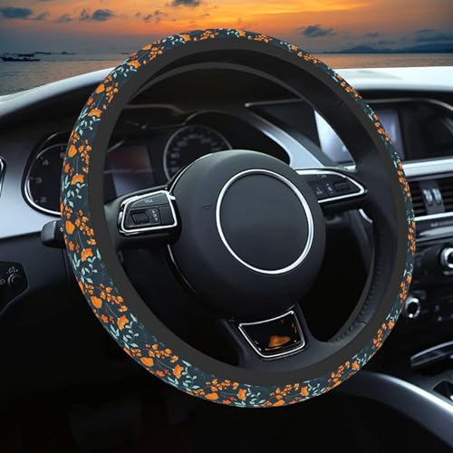 Orange Wildflowers Steering Wheel Cover, Cute Print Steering Wheel Cover Protector, Ultra Thin Breathable Non-Slip, Car Accessories for Women, for Steering Wheel with a Diameter of 14.5"-15" - color: Orange Wildflowers