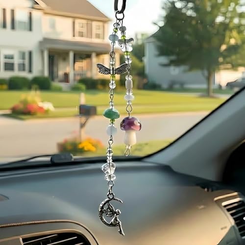 Mushroom Car Accessories for Women Cute Mushroom Car Hanging Ornament Boho Rear View Mirror Accessories Interior Car Decor Bag Charms Gifts for Women Girls (Purple) - color: Purple