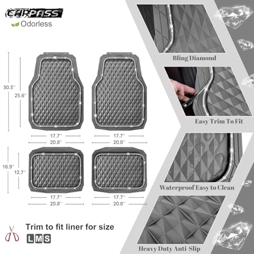 CAR PASS Bling Diamond Rubber Car Mats, Heavy Duty Deep Dish All-Weather Floor Mat Full Set Anti-Slip 3D Rhombus Waterproof Trim Fit Liner Universal Glitter Sparkly Shining Rhinestone, Gray Rubber - color: Gray Diamond