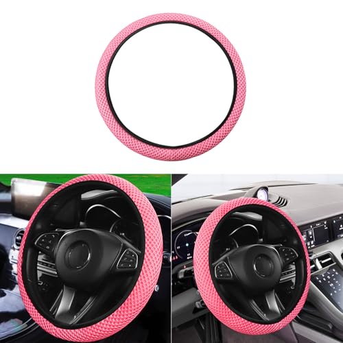 Elastic Stretch Car Steering Wheel Cover, Comfortable Steering Wheel Cover Universal for 14.5-15 Inch, Warm in Winter & Cool in Summer, Anti-Slip Breathable Ice Silk (Pink) - color: Pink