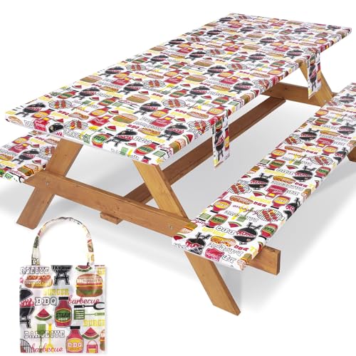 3 Piece Picnic Table Cover with Bench Covers Fitted Camping Table Cloths for 8Ft Tables Camper Travel Trailer Must Haves Motorhome Garden Tools Couple Wife Husband Boyfriend Girlfriend Gift - color: Red Bbq, size: 96*30Inch