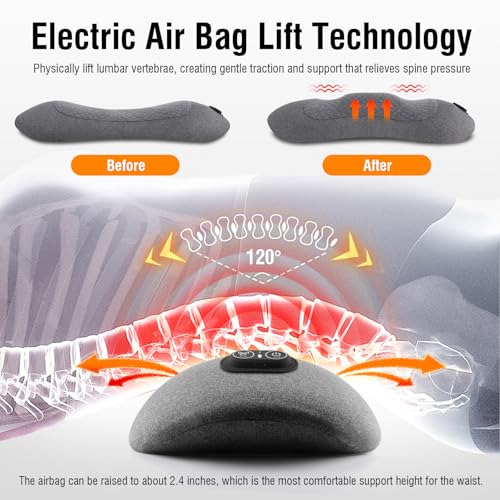 3-in-1 Rechargeable Electric Lumbar Support Pillow with Heat & Massage & Traction, Ergonomic Lower Back Massager for Pain Relief Deep Tissue, Ideal for Car/Bed/Sleeping/Office Chair/Travel