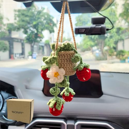Cute Crochet Daisy Strawberry Hanging Plant for Car Accessories, Aesthetic Decor Rear View Mirror Hanging Ornament for Women and Men, Handmade Cute Car Interior Decor Accessories Gift - color: Berry