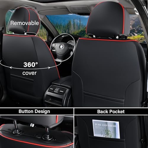 Coverado Car Seat Covers Full Set, 5 Piece Car Seat Protector with Removable Headrest, Nappa Leather Breathable Front Rear Seat Cushion Side All Wrapped Universal Fit Truck Most Cars Black & Red