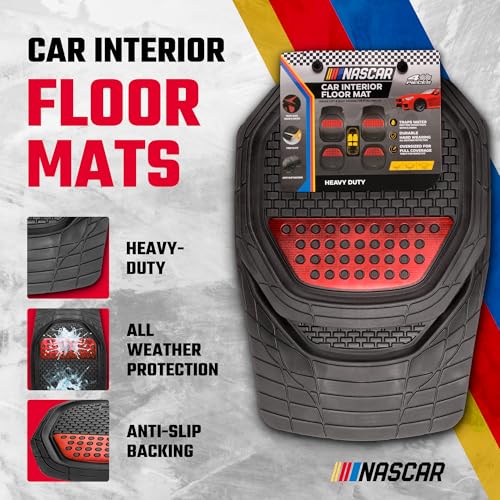 NASCAR Elite Car Floor Mats – 4-Piece Set | Heavy Duty All-Weather Rubber | Universal Trim-to-Fit for Cars, Trucks, & SUVs | Traps Dirt, Snow & Water | Red & Black Floor Mats