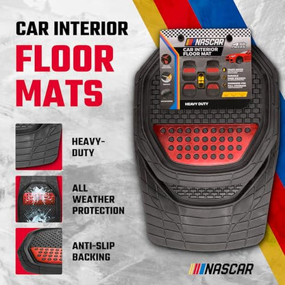 NASCAR Elite Car Floor Mats – 4-Piece Set | Heavy Duty All-Weather Rubber | Universal Trim-to-Fit for Cars, Trucks, & SUVs | Traps Dirt, Snow & Water | Red & Black Floor Mats