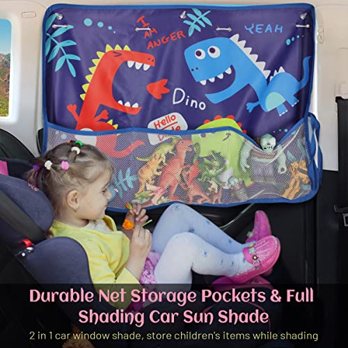 Car Window Shade for Baby, 2 Pack Car Sun Shades with Storage Net Pocket Auto Window Curtain 7 Suction Cups Blue Dinosaurs for Sun/Heat/UV Rays Protection Kids - color: Blue Dino-2pcs