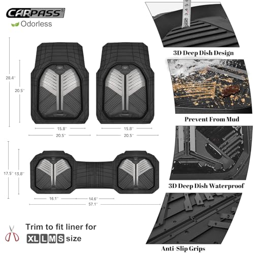 CAR PASS Heavy Duty Rubber Car Mats, Deep-Dish Car Floor Mats All Weather, Universal Two-Tone Trim-to-Fit for SUVs Trucks Sedans, Waterproof Anti-Slip, 3 Pieces V12 Black and Metallic Gray - color: Black and Gray