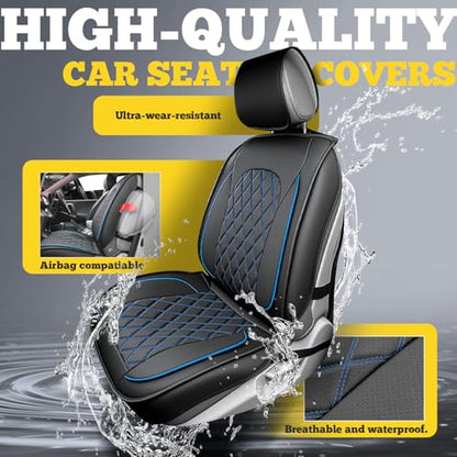 LINGVIDO Car Seat Covers Full Set (5 Seats) - Premium Perforated Nappa Leather, Waterproof Shield, Omni-Adapt Fit SUVs Sedans, Ultimate Family & Pet Protection - color: Black & Blue Line, size: Full Set (5 Seats)