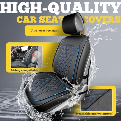 LINGVIDO Car Seat Covers Full Set (5 Seats) - Premium Perforated Nappa Leather, Waterproof Shield, Omni-Adapt Fit SUVs Sedans, Ultimate Family & Pet Protection - color: Black & Blue Line, size: Full Set (5 Seats)
