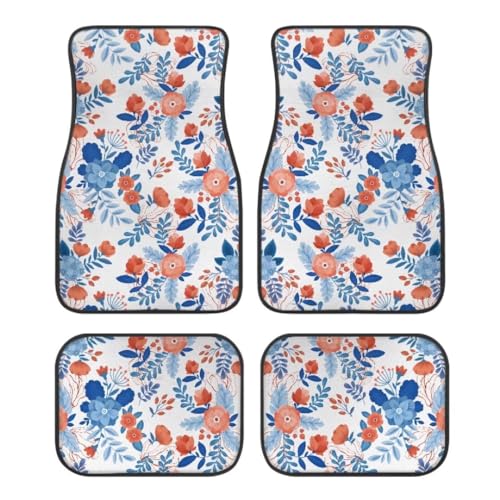 Blue Coral Flowers Print Floral Car Floor Mats Suitable for Cars SUVs Trucks,All Weather Front & Rear Automotive Floor Mats,Universal Fit Design，4 Pieces - color: Blue Coral Flowers