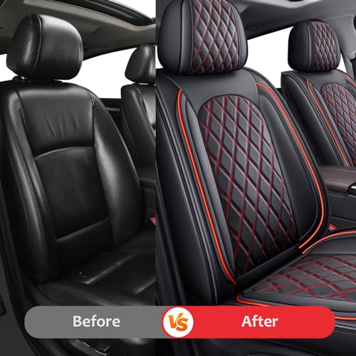 Ram Seat Covers Full Set, Waterproof Truck Seat Cover Leather Car Seat Protector Compatible with 2009-2026 RAM 1500/2500/3500 Crew Quad Cab Pickup with Split Curved Bench 40/60,Black and Red - color: Black and Red, size: FullSet（Curved Back）