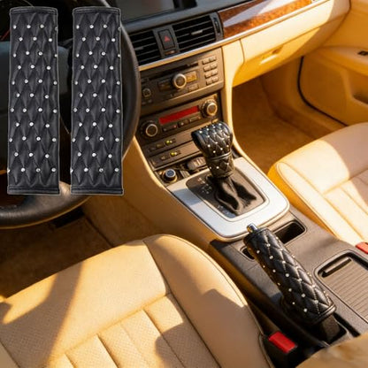5pcs/Set Bling Bling Car Seat Belt Covers & Diamond Gear Shift Knob Cover & Crystal Handbrake Cover Set Diamond Auto Interior Decor Accessories for Women (5pcs/Set - Full Crystal)