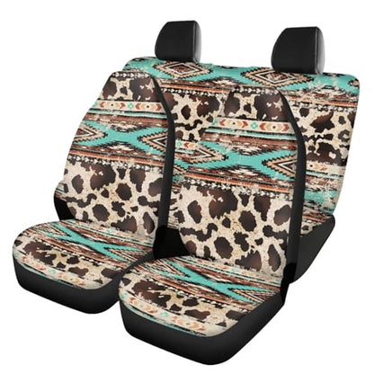 17 Pcs Aztec Cow Print Car Seat Covers Full Set with Floor Mats Steering Wheel Cover Shoulder Pads Armrest Pad Keychain Roof Gloves Cup Coaster Universal - color: Aztec Cow Print