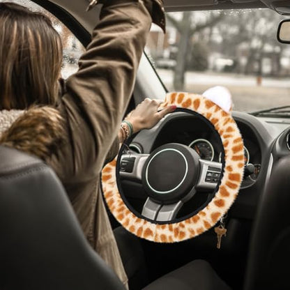 Accmor Fuzzy Leopard Print Car Steering Wheel Cover Women Car Accessories | Soft Furry, Non-Slip, Elastic Steering Wheel Covers, Universal 15 Inch Fit Auto, Suvs, Truck - color: Style B/Orange Leopard, Ear