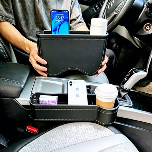 2 Pack Car Seat Gap Organizer,Multifunctional Seat Gap Storage Box with USB Fast Charger, Car Seat Pockets with Led Light, Car Seat Gap Filler with Cup Holder (Black)