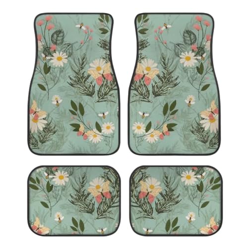 Cyan Daisies Print Floral Car Floor Mats Suitable for Cars SUVs Trucks,All Weather Front & Rear Automotive Floor Mats,Universal Fit Design，4 Pieces - color: Cyan Daisies