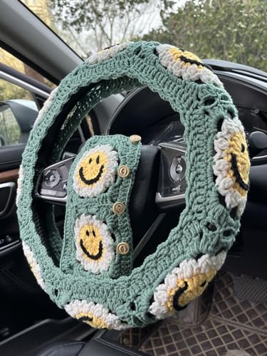 Handmade Crochet Sun Smiling face Car Steering Wheel Covers Universal 14-15 inch,Cute Steering Wheel Cover,Car Accessories (Sun Wheel Cover+2 Belt Cover) - color: Sun Wheel Cover+2 Belt Cover