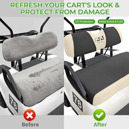 10L0L Golf Cart Seat Covers, Super Comfort Cooler Than Vinyl Seat Cover, Front and Rear Seat Cover for Yamaha EZGO Club Car, No Drilling Breathable Mesh Bench Seat Blanket, Machine Washable - color: Black + Beige, style: Front Seat - For EZGO TXT & RXV &