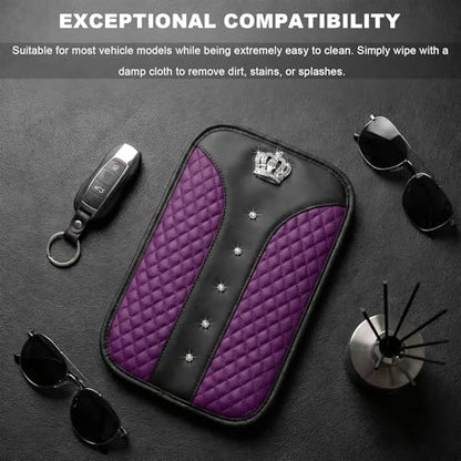 Bling Crown Car Center Console Cover, Crystal Leather Auto Armrest Box Cushion with 2 Storage Bags, Universal Crown Middle Console Cover Arm Rest Protector for Most Vehicles (Purple) - color: Purple