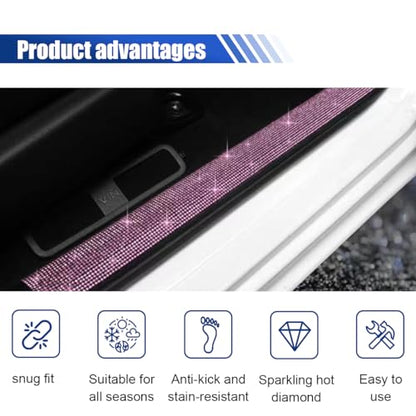 2PCS Car Door Edge Entry Guard, Bling Rhinestone Car Anti-Collision Adhesive Sticker Strip, Door Sill Strip for Rear Bumper Car SUV, Threshold Protective Stickers for Women (Pink)