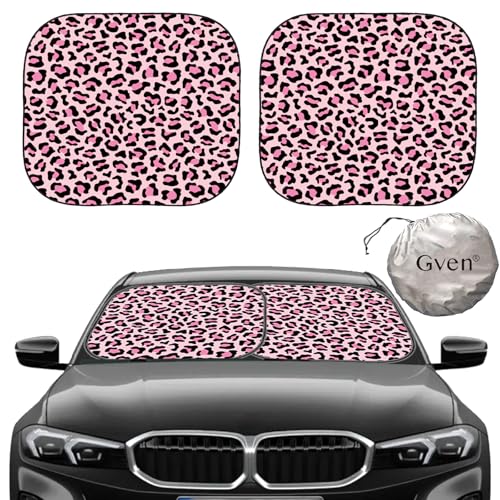 Gven Windshield Sun Shade 2pcs with Bonus Pink Car Sunshade for Front Window Shades 2025 Technology Reflect UV and Heat Sun Visor Automotive Interior Accessories Sun Protection (Pink Leopard, S) - color: Pink Leopard, size: Standard