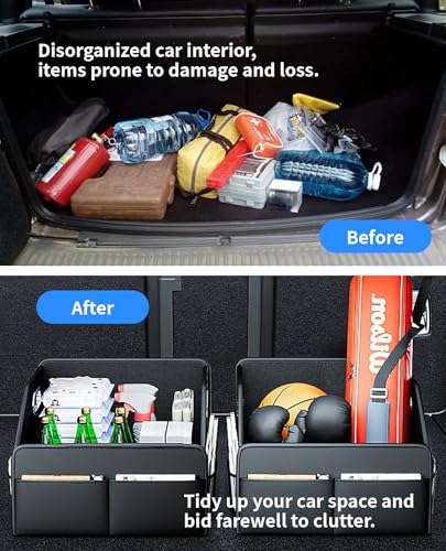 Car Storage Basket, Foldable with Removable Dividers, PU Leather Seat Organizer with Metal Handle, Non-Slip Stable Design, Passenger Front Seat Storage for Back Seat & Floor, 12.6 Inches