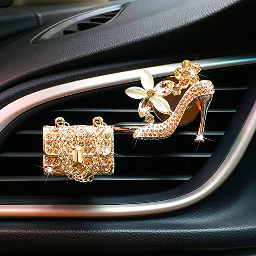 2 Pieces Crystal High Heel Shoe and Bag Air Vent Clips Rhinestone Car Air Freshener Clip Bling Car Clip Gift Decorations Charm Car Inter Air Vent Decor Accessories for Girls Women - color: Golden Crystal High Heel Shoe and Bag