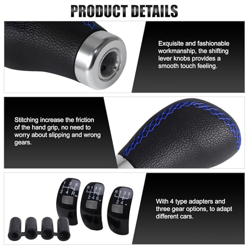 Universal 5/6 Speed Leather Car Racing Gear Shift Shifter knob,Artificial Leather and ABS Black Stitching Shift Knob with 4 Adapters,Replaceable 3 Gear Position Pastors(Black+Blue Line) - color: 5/6 Speed Leather(Black+Blue Line)