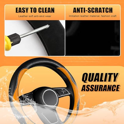 Car Steering Wheel Cover 2025, Universal Auto PU Cute Breathable Slip-Proof Comfort Imitation Leather Protector Cars Interior Accessories for Women Men Fit Most Vehicle (Orange)