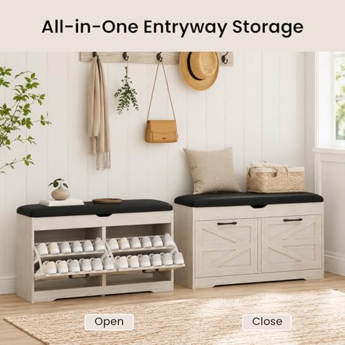 39" Shoe Storage Bench with Padded Seat Cushion & Lift Top Storage Box & 2 Flip Drawers, Small Entryway Shoe Rack Bench with 2 Doors and Adjustable Shelf, Shoes Cabinet for Hallway, Living Room, White