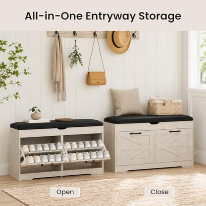39" Shoe Storage Bench with Padded Seat Cushion & Lift Top Storage Box & 2 Flip Drawers, Small Entryway Shoe Rack Bench with 2 Doors and Adjustable Shelf, Shoes Cabinet for Hallway, Living Room, White