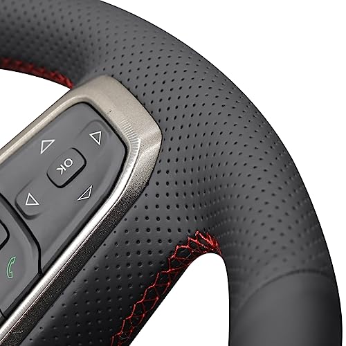 MEWANT Hand Stitch Black Genuine Leather Steering Wheel Cover Wrap for Dodge Ram 1500 Laramie Big Horn 2019-2021 - color: Black Genuine Leather&Red Stripe&Red Thread
